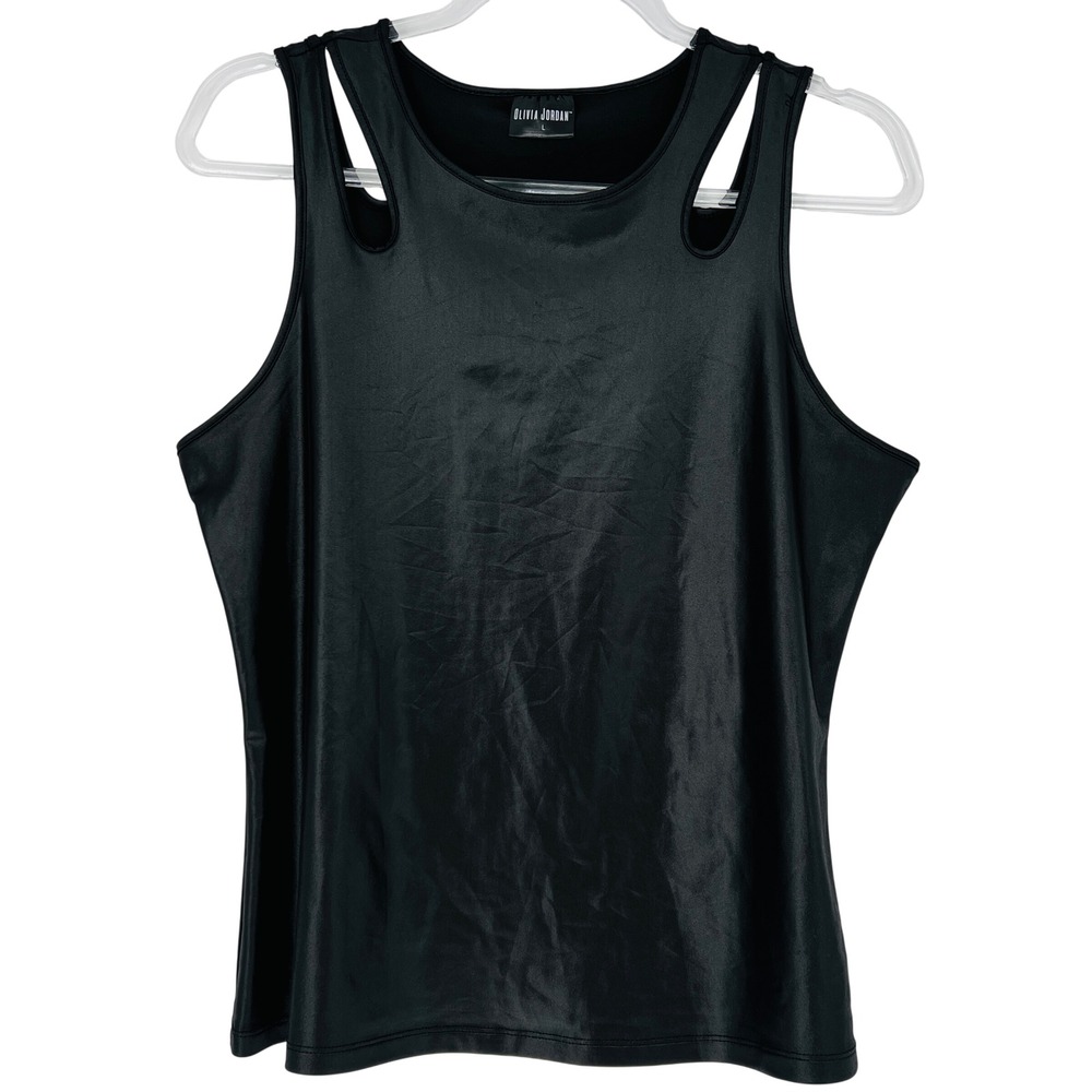 Olivia Jordan Tank Top Women Large Black Cut Out Shoulder Metallic Edgy Night